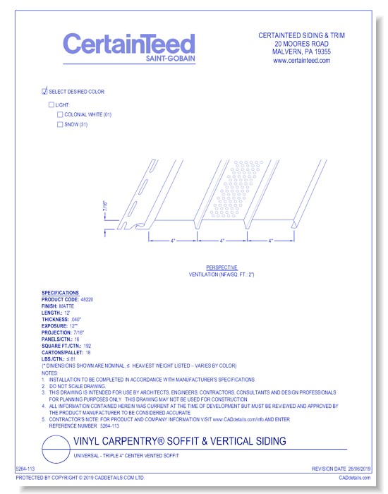 Vinyl Carpentry® Soffit & Vertical Siding: Universal - Triple 4" Center Vented Soffit