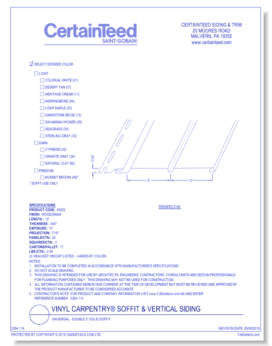 Vinyl Carpentry® Soffit & Vertical Siding: Universal - Double 5" Solid Soffit