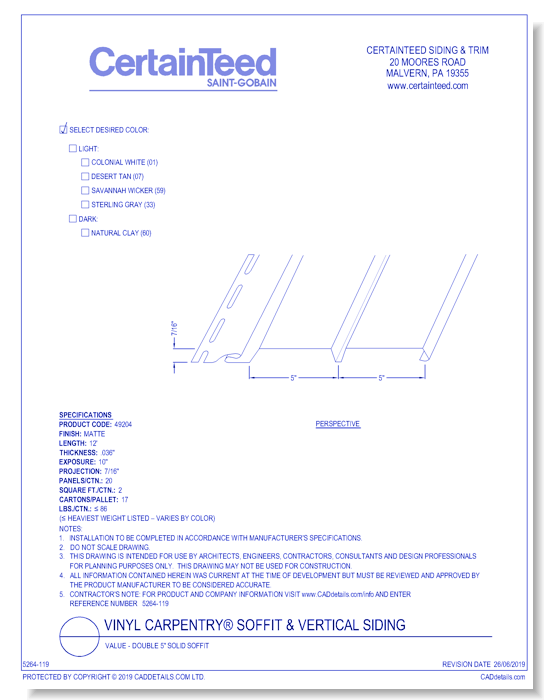 Vinyl Carpentry® Soffit & Vertical Siding: Value - Double 5" Solid Soffit