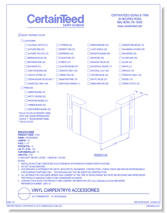 Vinyl Carpentry® Accessories: 3/4" Cornerpost - 10" Woodgrain