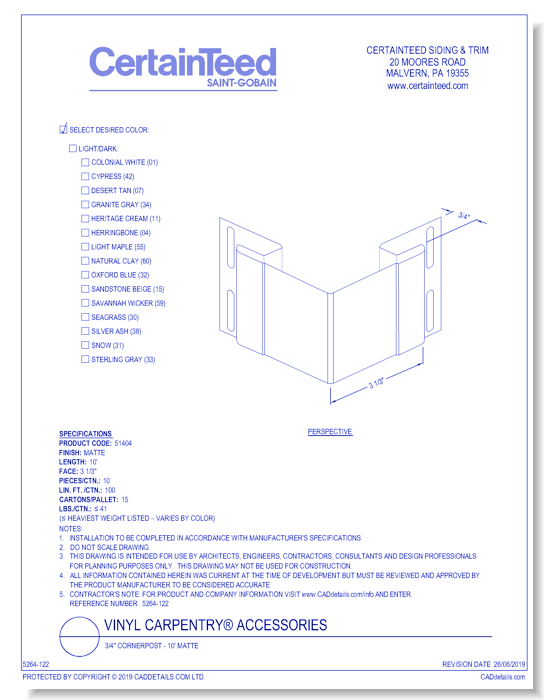 Vinyl Carpentry® Accessories: 3/4" Cornerpost - 10' Matte