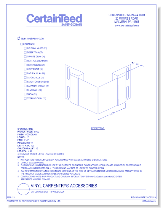 Vinyl Carpentry® Accessories: 3/4" Cornerpost - 12' Woodgrain