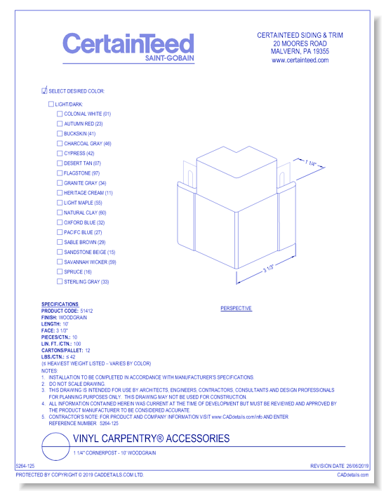 Vinyl Carpentry® Accessories: 1 1/4" Cornerpost - 10' Woodgrain