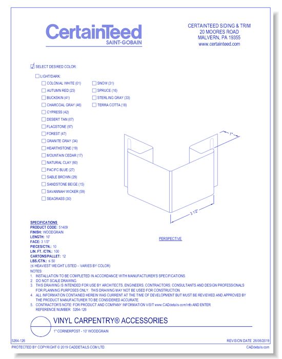 Vinyl Carpentry® Accessories: 1" Cornerpost - 10' Woodgrain