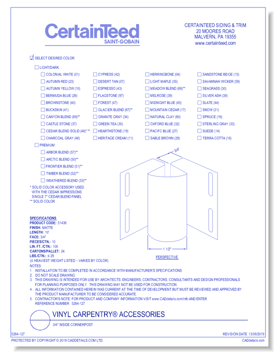 Vinyl Carpentry® Accessories: 3/4" Inside Cornerpost