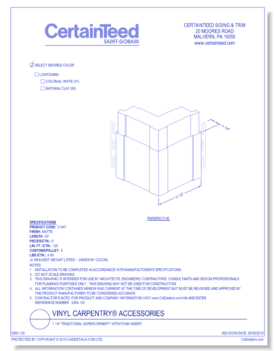 Vinyl Carpentry® Accessories: 1 1/4" Traditional Supercorner™ With Foam Insert