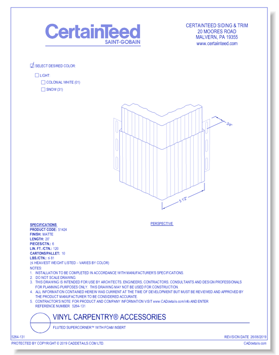 Vinyl Carpentry® Accessories: Fluted Supercorner™ WIth Foam Insert
