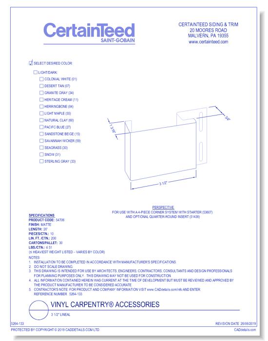 Vinyl Carpentry® Accessories: 3 1/2" Lineal