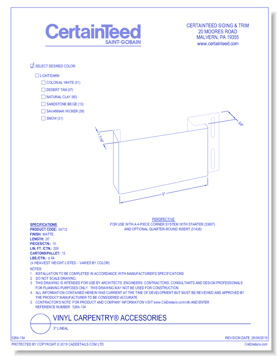 Vinyl Carpentry® Accessories: 5" Lineal
