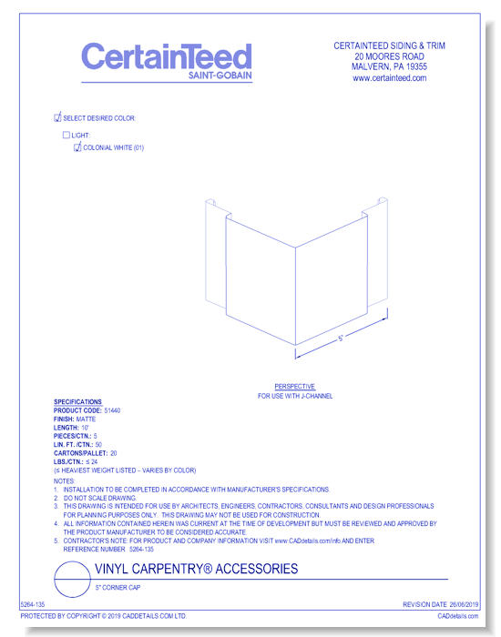 Vinyl Carpentry® Accessories: 5" Corner Cap