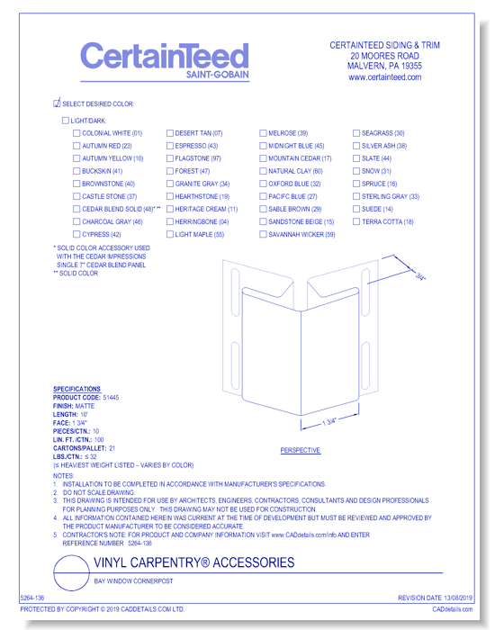 Vinyl Carpentry® Accessories: Bay Window Cornerpost