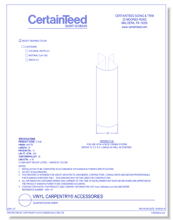 Vinyl Carpentry® Accessories: Quarter Round Insert