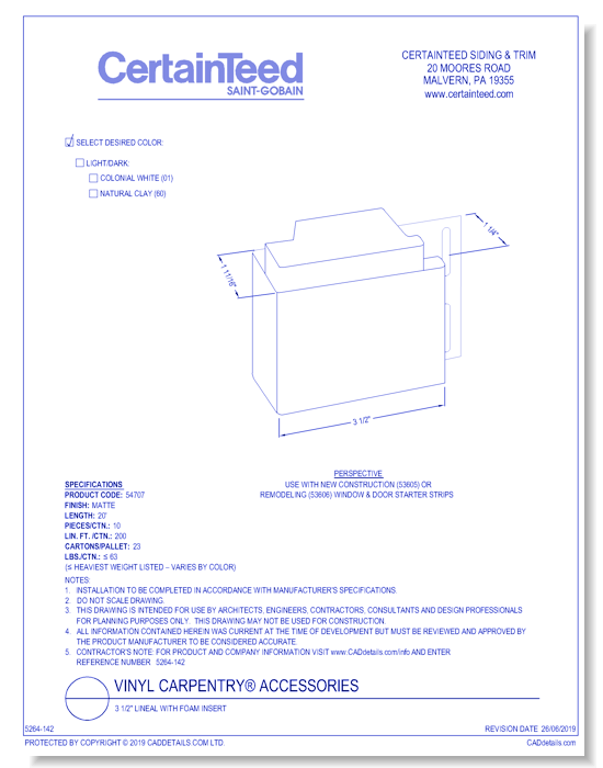 Vinyl Carpentry® Accessories: 3 1/2" Lineal With Foam Insert