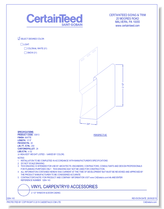 Vinyl Carpentry® Accessories: 2 1/2" Window & Door Casing