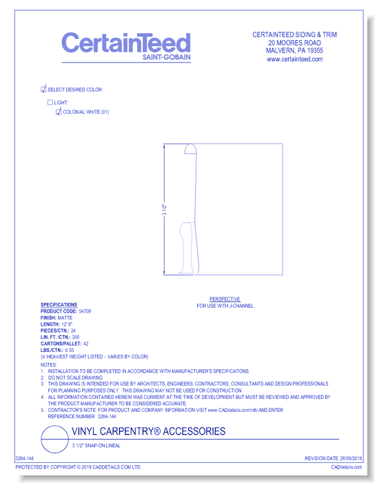 Vinyl Carpentry® Accessories: 3 1/2" Snap-On Lineal