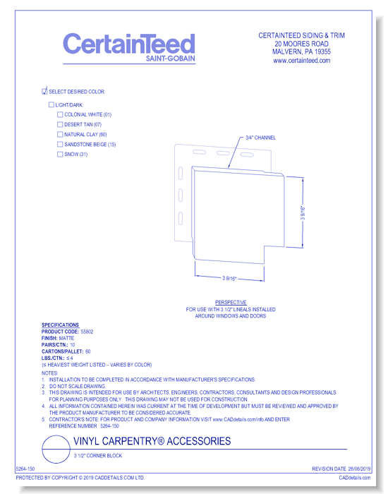 Vinyl Carpentry® Accessories: 3 1/2" Corner Block