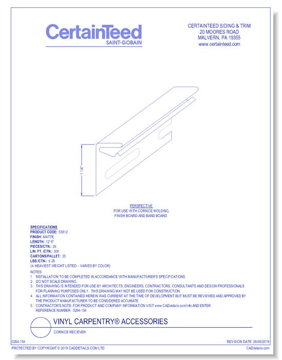 Vinyl Carpentry® Accessories: Cornice Reciever