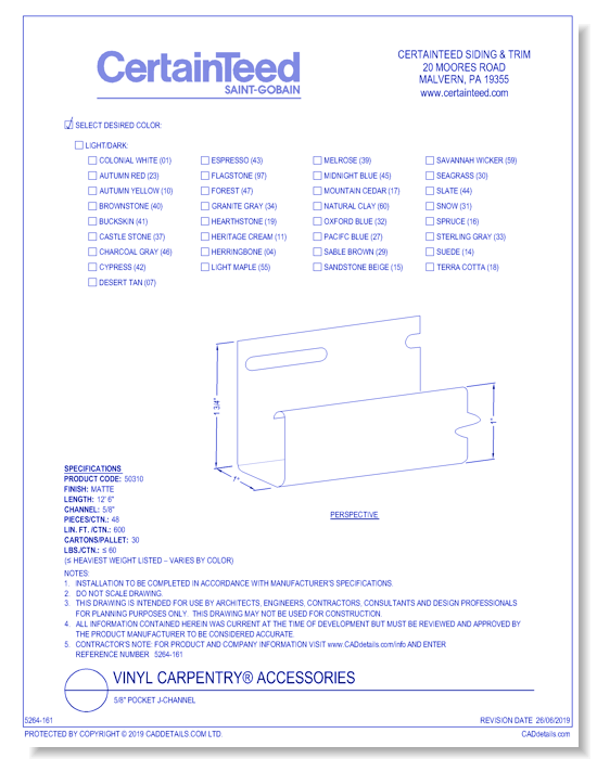 Vinyl Carpentry® Accessories: 5/8" Pocket J-Channel