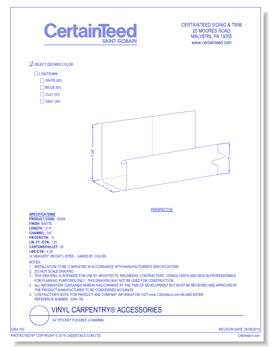 Vinyl Carpentry® Accessories: 3/4" Pocket Flexible J-Channel