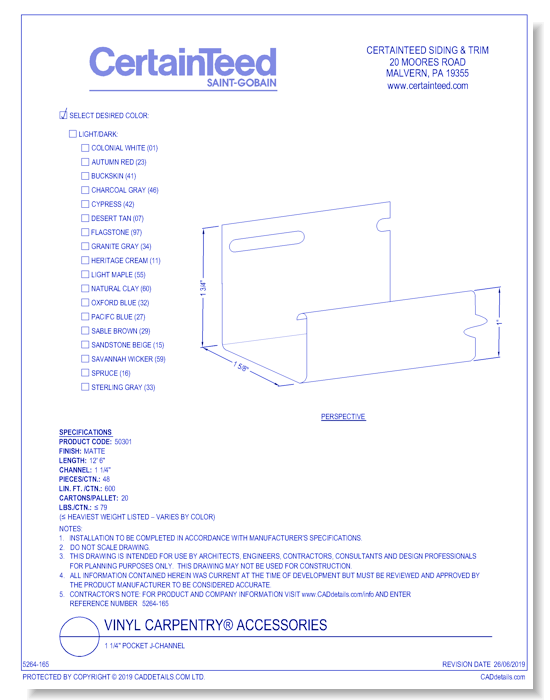 Vinyl Carpentry® Accessories: 1 1/4" Pocket J-Channel