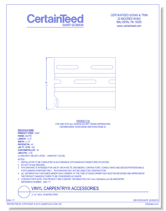 Vinyl Carpentry® Accessories: 2 1/4" Vinyl Starter Strip