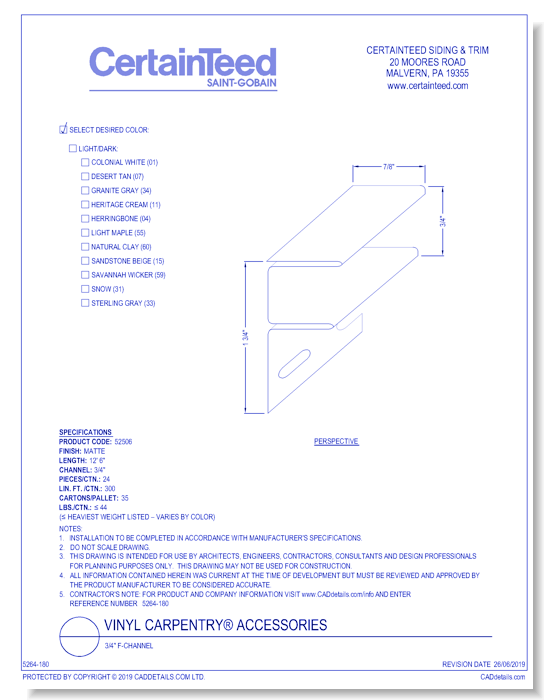 Vinyl Carpentry® Accessories: 3/4" F-Channel