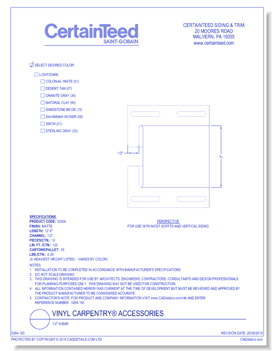 Vinyl Carpentry® Accessories: 1/2" H-Bar