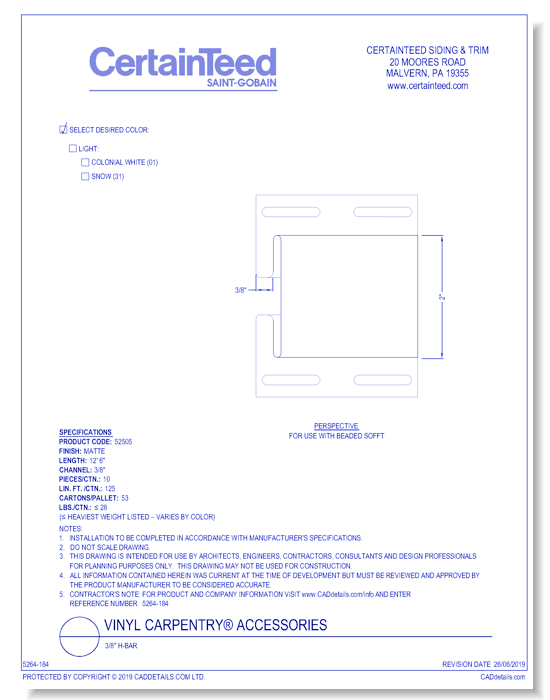 Vinyl Carpentry® Accessories: 3/8" H-Bar
