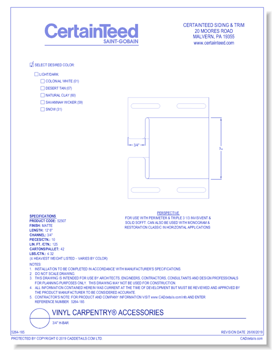 Vinyl Carpentry® Accessories: 3/4" H-Bar