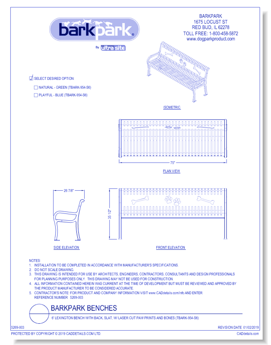 6' Lexington Bench with Back, Slat, w/ Laser Cut Paw Prints and Bones (TBARK-954-S6)