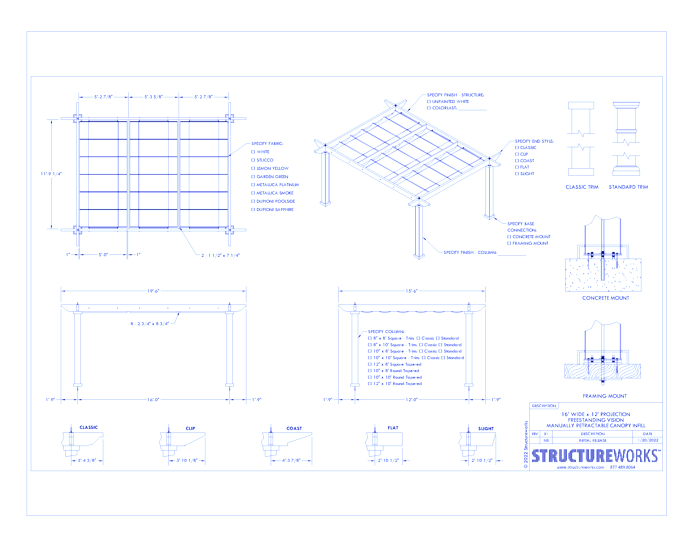 Trex Pergola Vision: 16' W x 12' P Freestanding Trex Pergola Vision - Manually Retractable Canopy