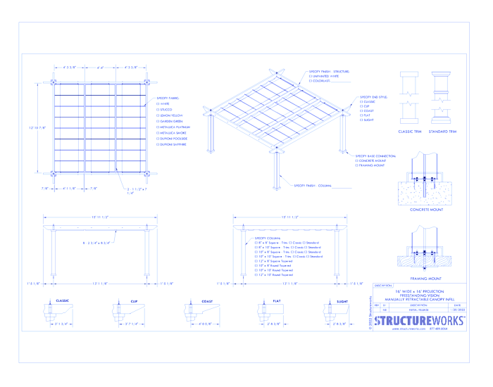 Trex Pergola Vision: 16' W x 16' P Freestanding Trex Pergola Vision - Manually Retractable Canopy
