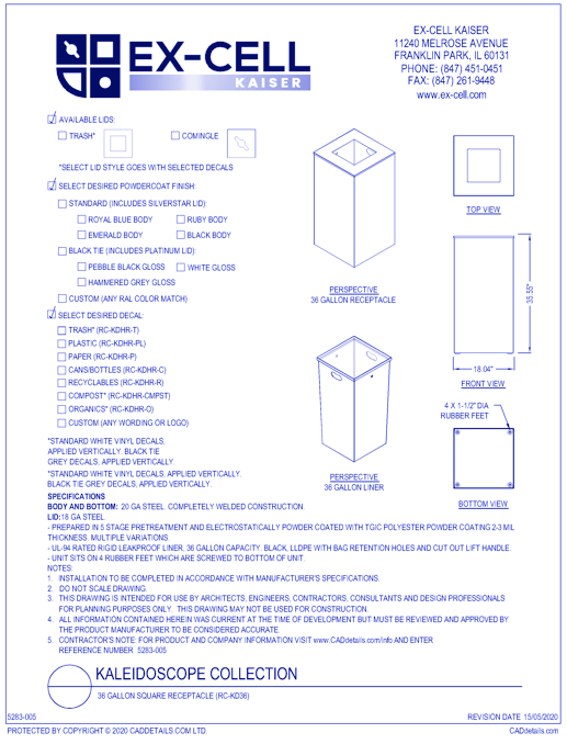 Kaleidoscope XL Series: 36 Gallon Square Receptacle (RC-KD36)