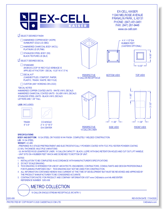 Metro Collection: 18 Gallon Single-Stream Receptacle (RC-MTR-1)