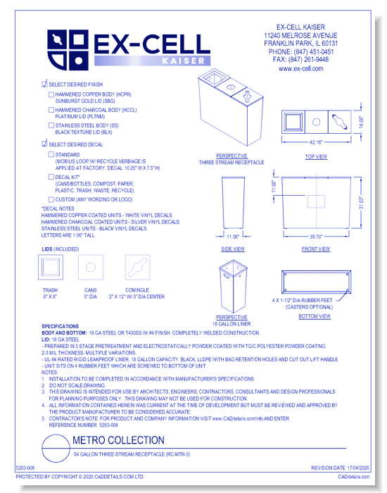 Metro Collection: 54 Gallon Three-Stream Receptacle (RC-MTR-3)