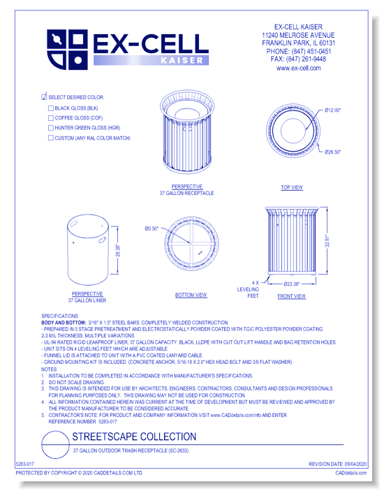Streetscape Collection: 37 Gallon Outdoor Trash Receptacle (SC-2633)