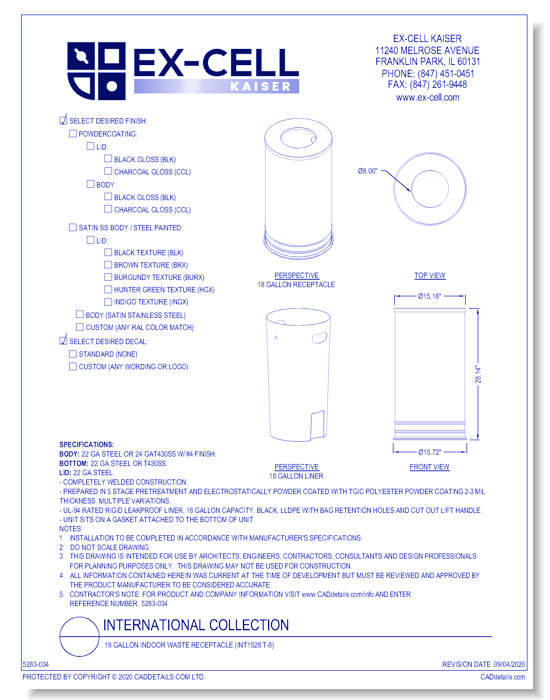 International Collection: 18 Gallon Indoor Waste Receptacle with Funnel Top (INT1528 T-8)