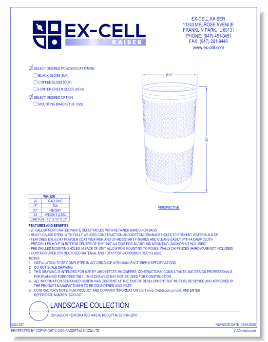 Landscape Collection: 20 Gallon Perforated Waste Receptacle (WR-22R)