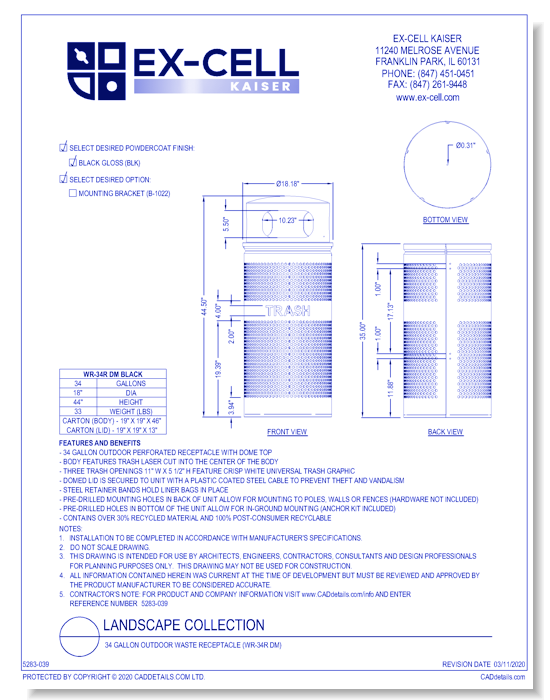 Landscape Collection: 34 Gallon Outdoor Waste Receptacle (WR-34R DM)