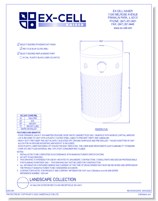 Landscape Collection: 40 Gallon Outdoor Recycling Receptacle (RC-2441)