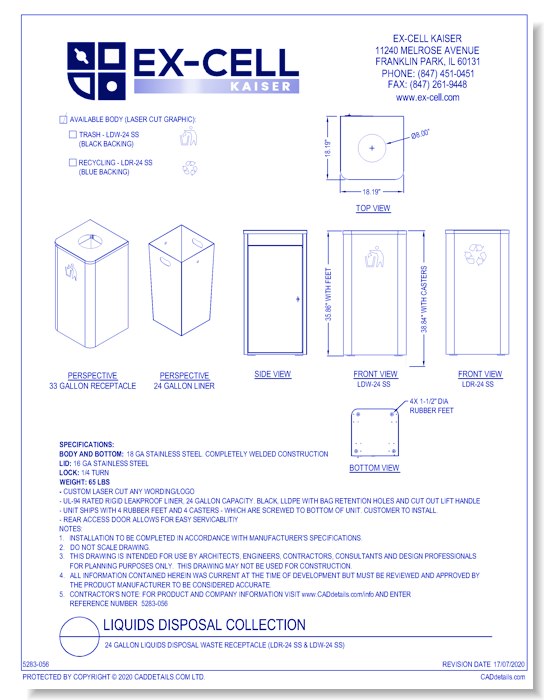 24 Gallon Liquids Disposal Waste Receptacle (LDR-24 SS & LDW-24 SS)