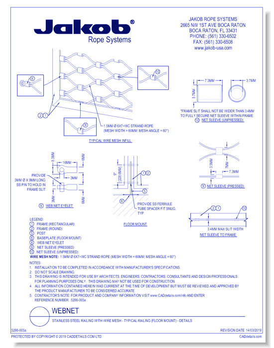 WebNet: Stainless Steel Railing with Wire Mesh - Typical Railing (Floor Mount) - Details