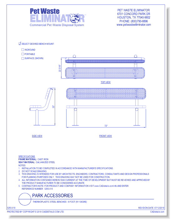 Thermoplastic Steel Benches - 6 Foot (R1138GRE)