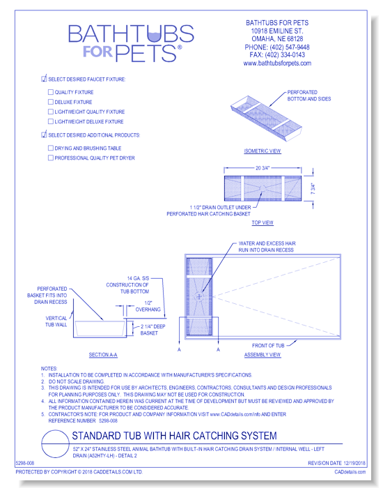 Standard Tub with Hair Catching System: 52" x 24" Stainless Steel Animal Bathtub with Built-in Hair Catching Drain System / Internal Well - Left Drain (A52HTY-LH) - Detail 2