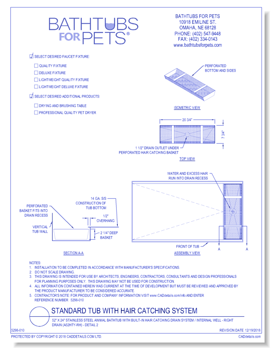 Standard Tub with Hair Catching System: 52" x 24" Stainless Steel Animal Bathtub with Built-in Hair Catching Drain System / Internal Well - Right Drain (A52HTY-RH) - Detail 2