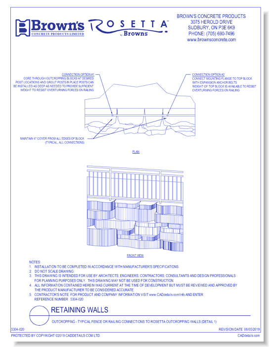 Retaining Walls: Outcropping - Typical Fence or Railing Connections to Rosetta Outcropping Walls (Detail 1)