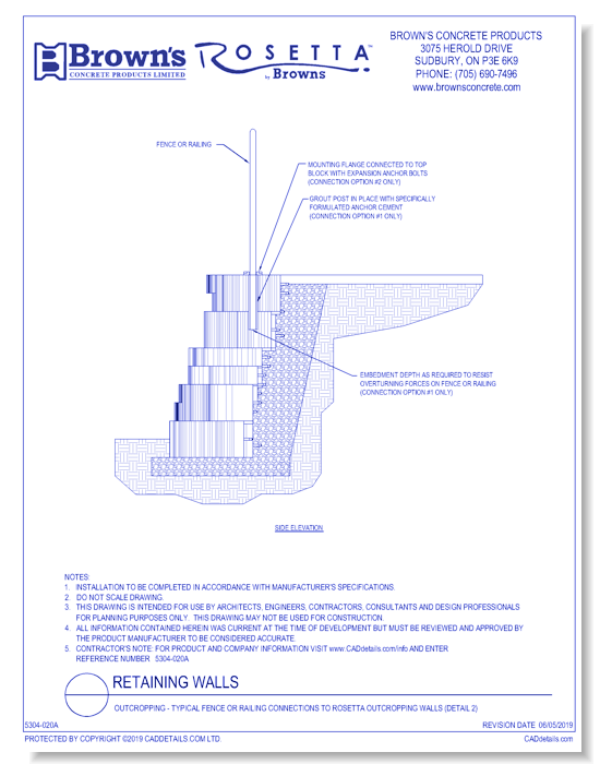 Retaining Walls: Outcropping - Typical Fence or Railing Connections to Rosetta Outcropping Walls (Detail 2)