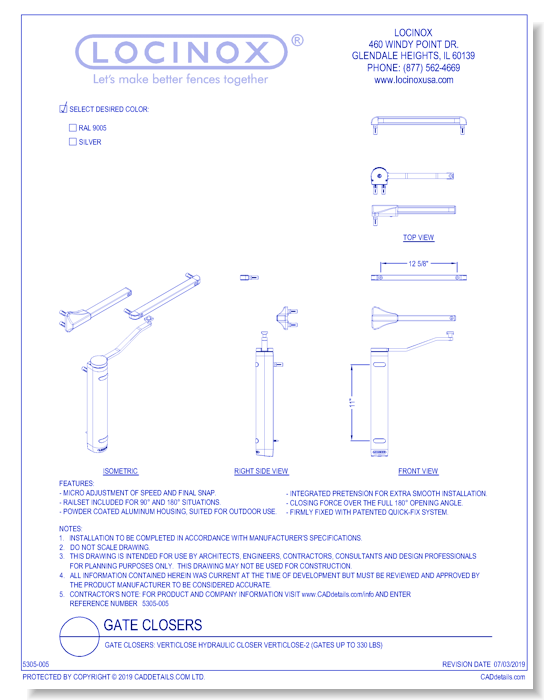 Gate Closers: Verticlose Hydraulic Closer VERTICLOSE-2 (Gates up to 330 lbs)