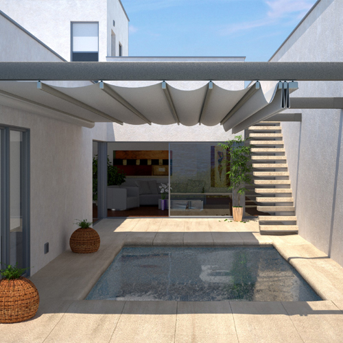 CAD Drawings Sunair Awnings & Solar Screens Tecnic & Tecnic One Pergola® Trellis or Structure Mounted Retractable Fabric Roofs For Residences, Resturants & Hotels