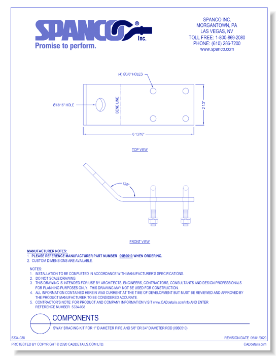Sway Bracing Kit for 1" Diameter Pipe and 5/8" or 3/4" Diameter Rod (09B0510)